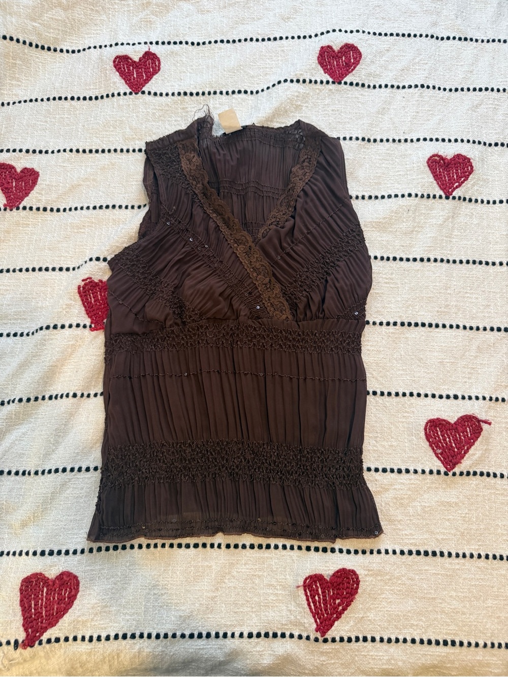 Y2K 2000s Sleeveless Brown V-Neck Pleated Sequins Women's Top